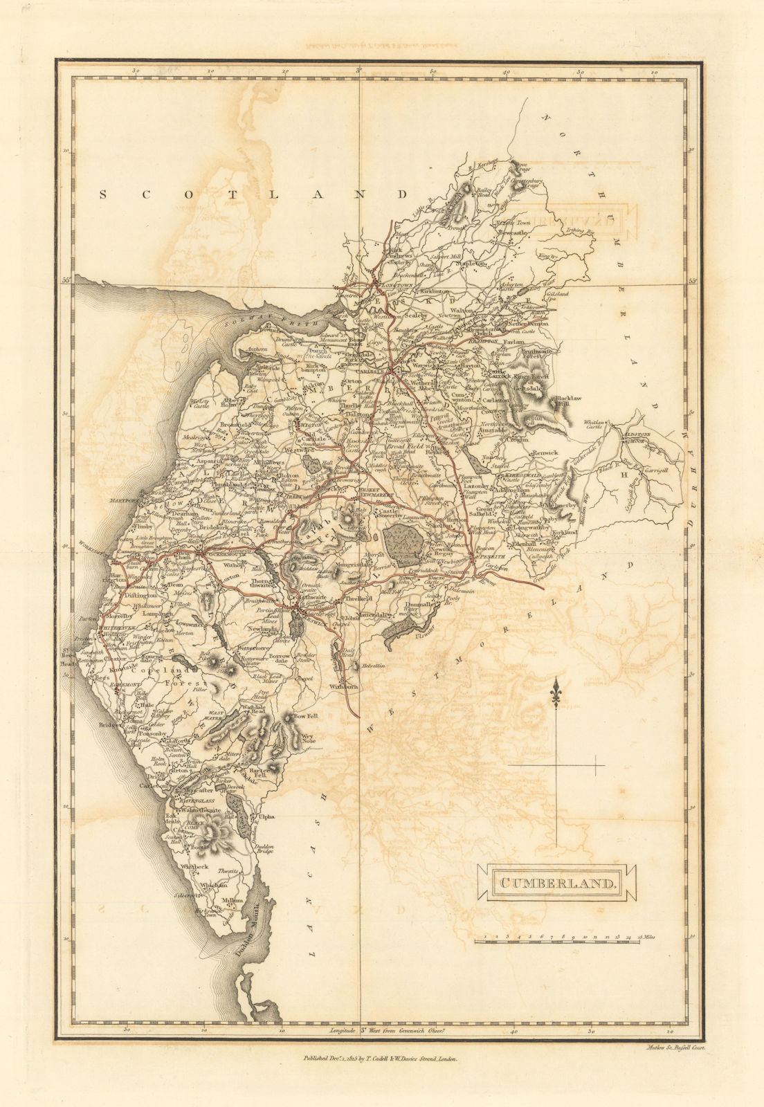 Cumberland by Henry Mutlow. Cumbria county map 1816 old antique plan chart